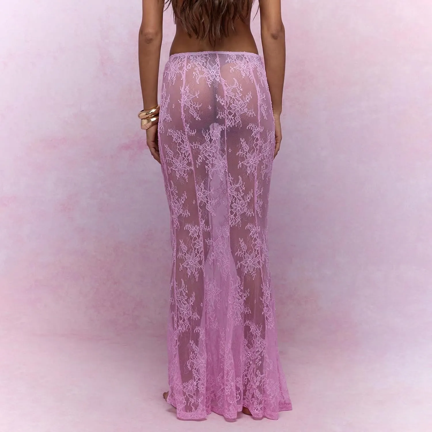 Women Y2k Lace Long Skirt Sexy See Through Maxi Skirt Cute High Waist Sheer Skirt Lace Club Party Skirt Streetwear
