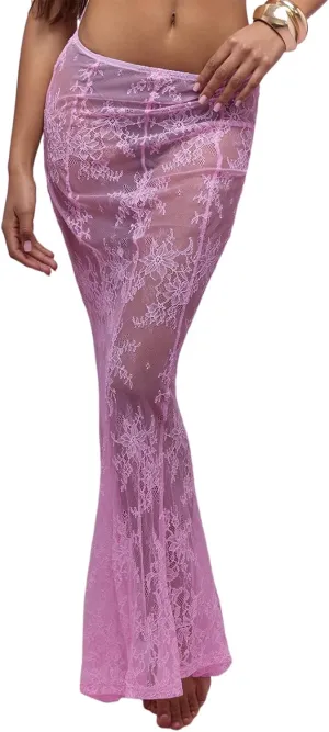 Women Y2k Lace Long Skirt Sexy See Through Maxi Skirt Cute High Waist Sheer Skirt Lace Club Party Skirt Streetwear