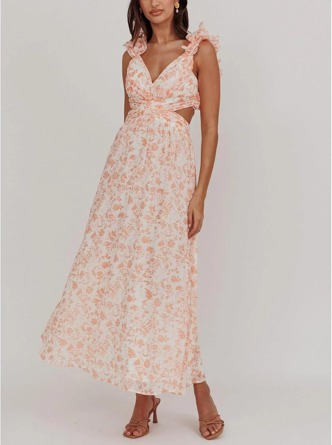 Women Y2k Lace Up Back Floral Maxi Dress Cute Ruffle Trim Backless Tie Beach Formal Long Flowy Dresses