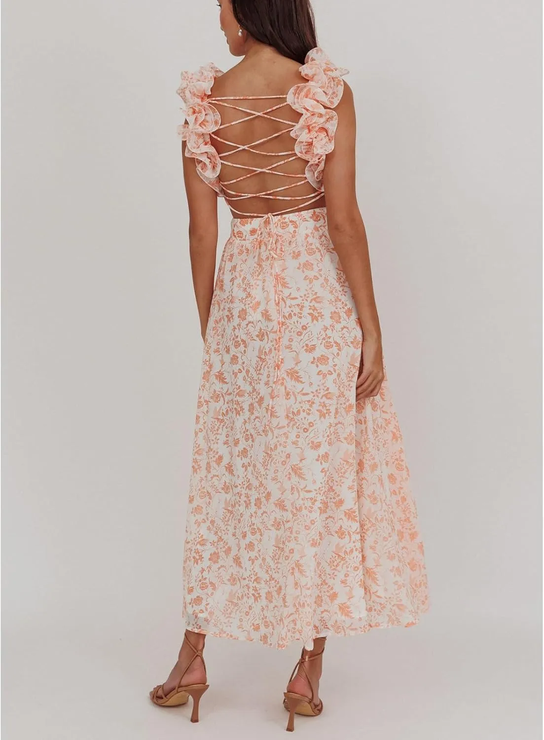 Women Y2k Lace Up Back Floral Maxi Dress Cute Ruffle Trim Backless Tie Beach Formal Long Flowy Dresses