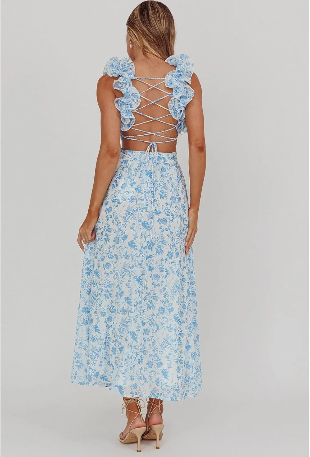 Women Y2k Lace Up Back Floral Maxi Dress Cute Ruffle Trim Backless Tie Beach Formal Long Flowy Dresses