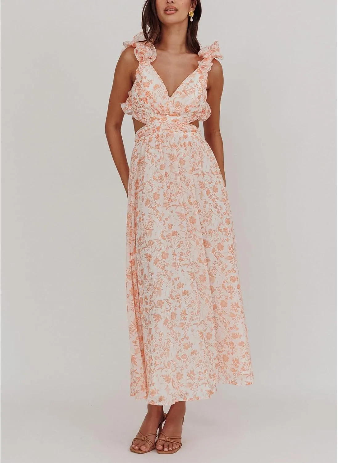 Women Y2k Lace Up Back Floral Maxi Dress Cute Ruffle Trim Backless Tie Beach Formal Long Flowy Dresses