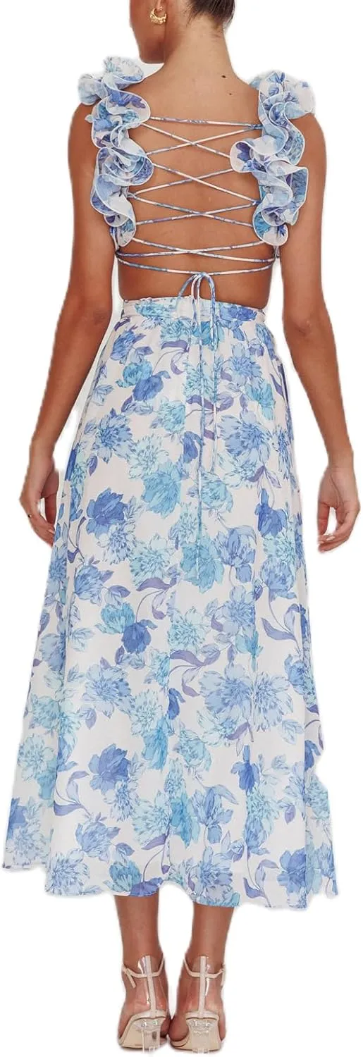 Women Y2k Lace Up Back Floral Maxi Dress Cute Ruffle Trim Backless Tie Beach Formal Long Flowy Dresses