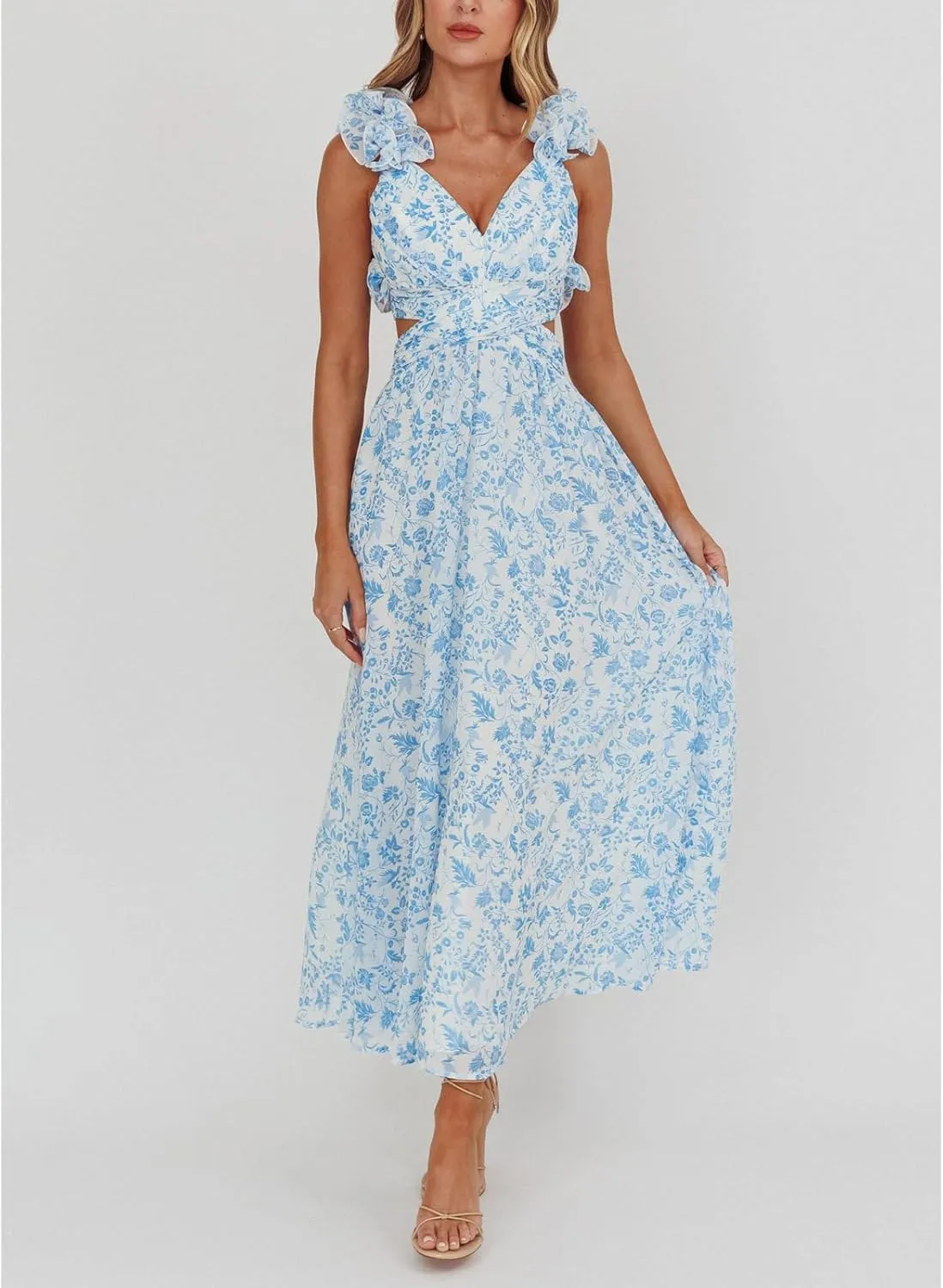 Women Y2k Lace Up Back Floral Maxi Dress Cute Ruffle Trim Backless Tie Beach Formal Long Flowy Dresses