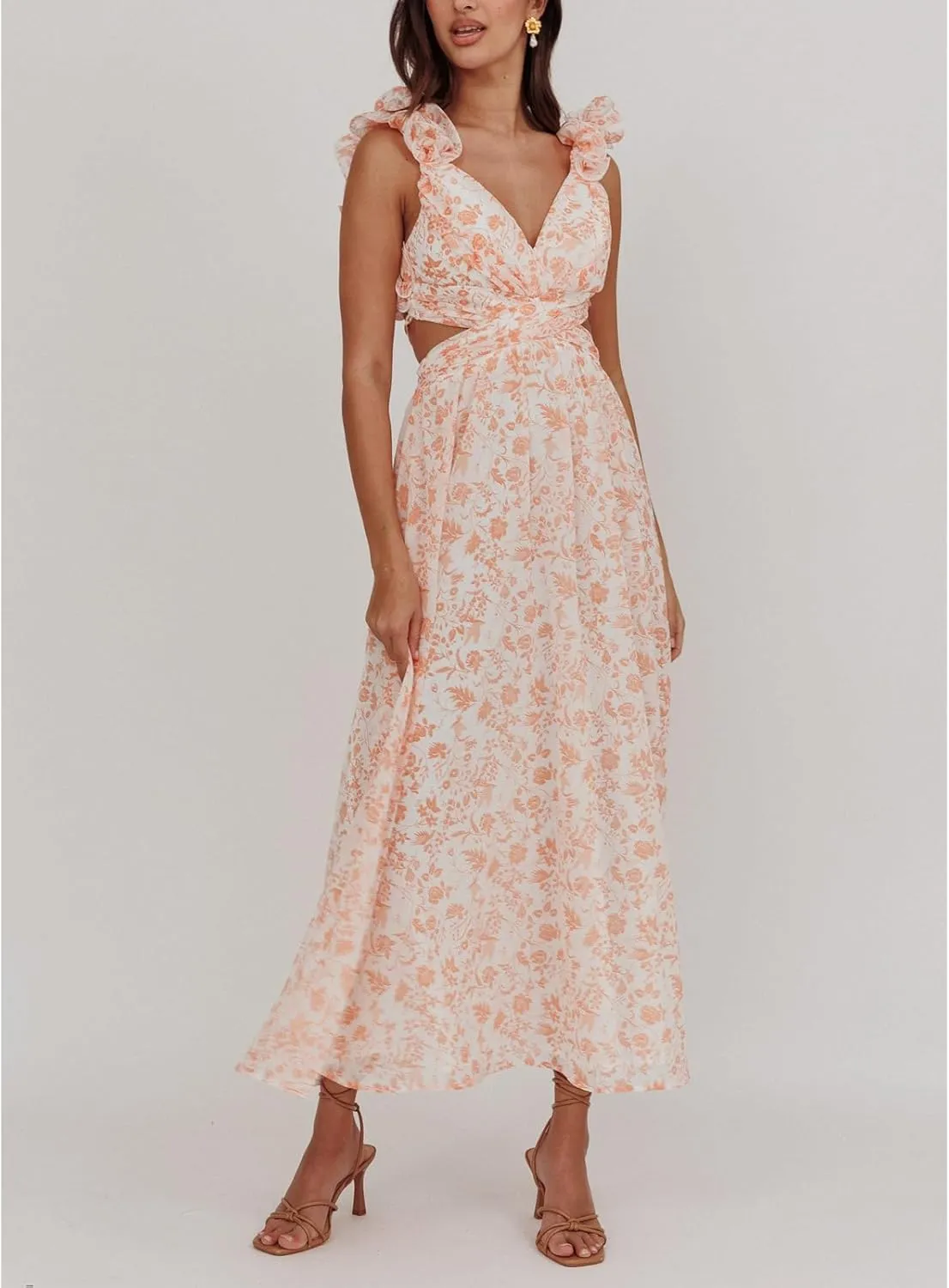 Women Y2k Lace Up Back Floral Maxi Dress Cute Ruffle Trim Backless Tie Beach Formal Long Flowy Dresses