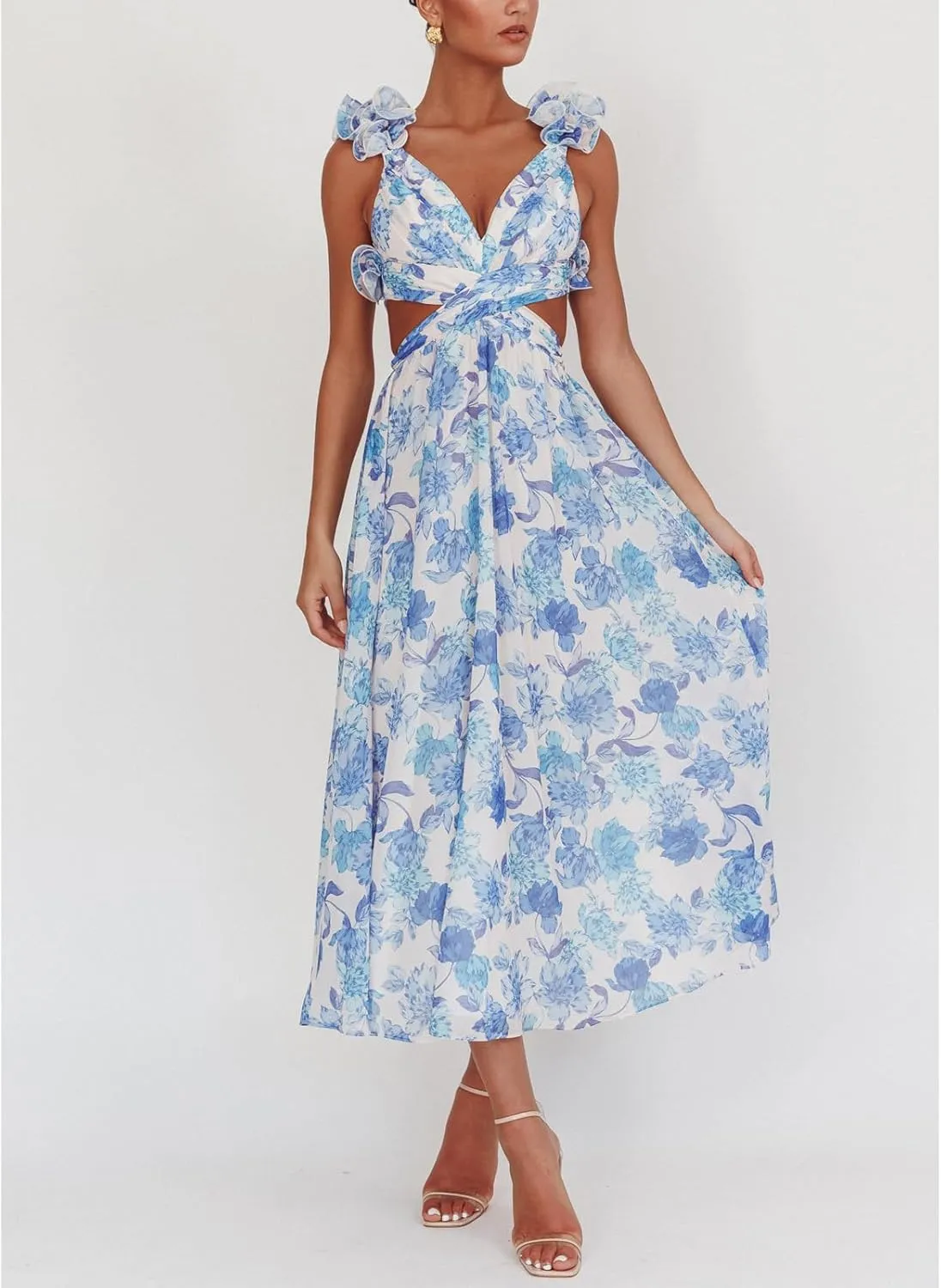 Women Y2k Lace Up Back Floral Maxi Dress Cute Ruffle Trim Backless Tie Beach Formal Long Flowy Dresses