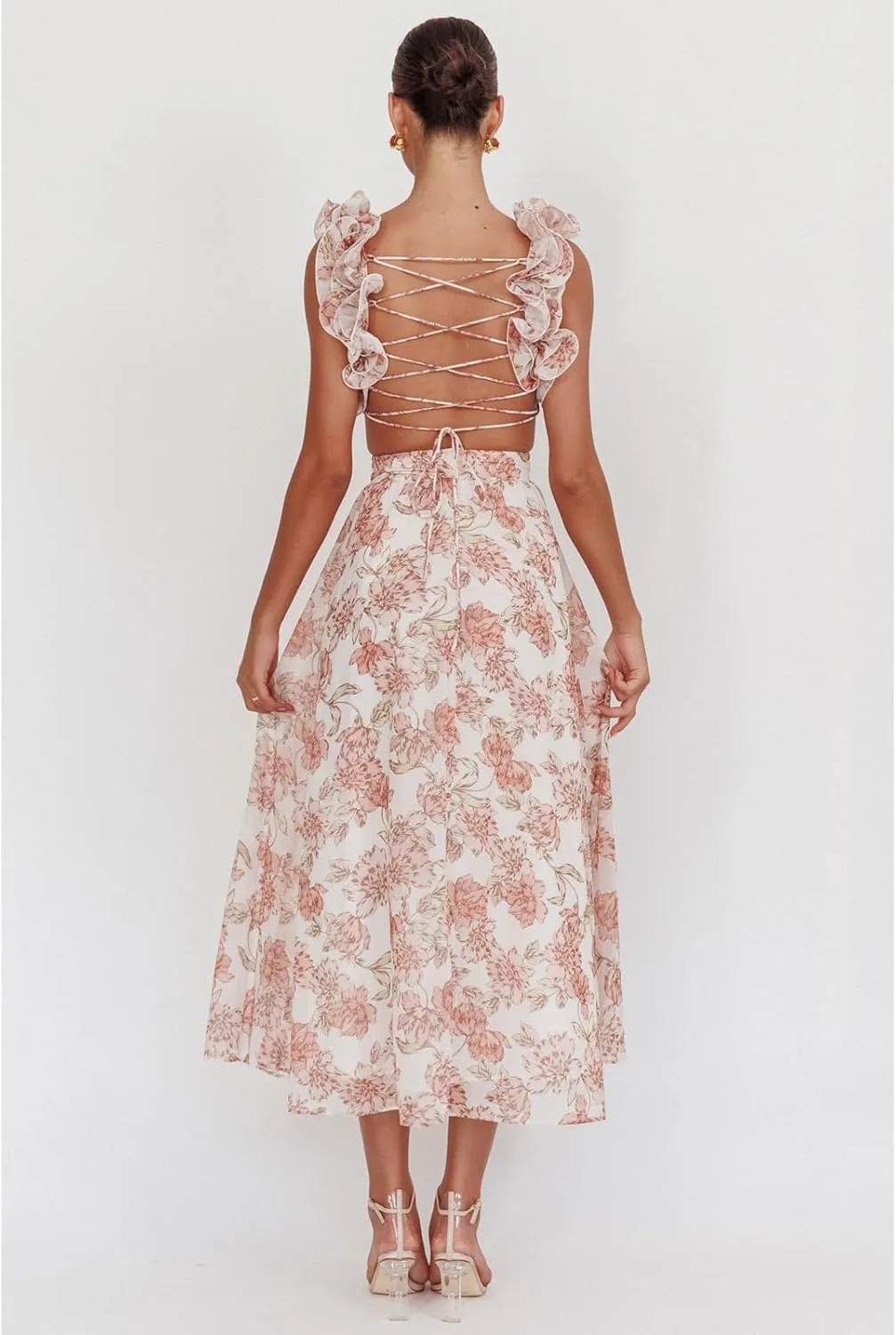 Women Y2k Lace Up Back Floral Maxi Dress Cute Ruffle Trim Backless Tie Beach Formal Long Flowy Dresses