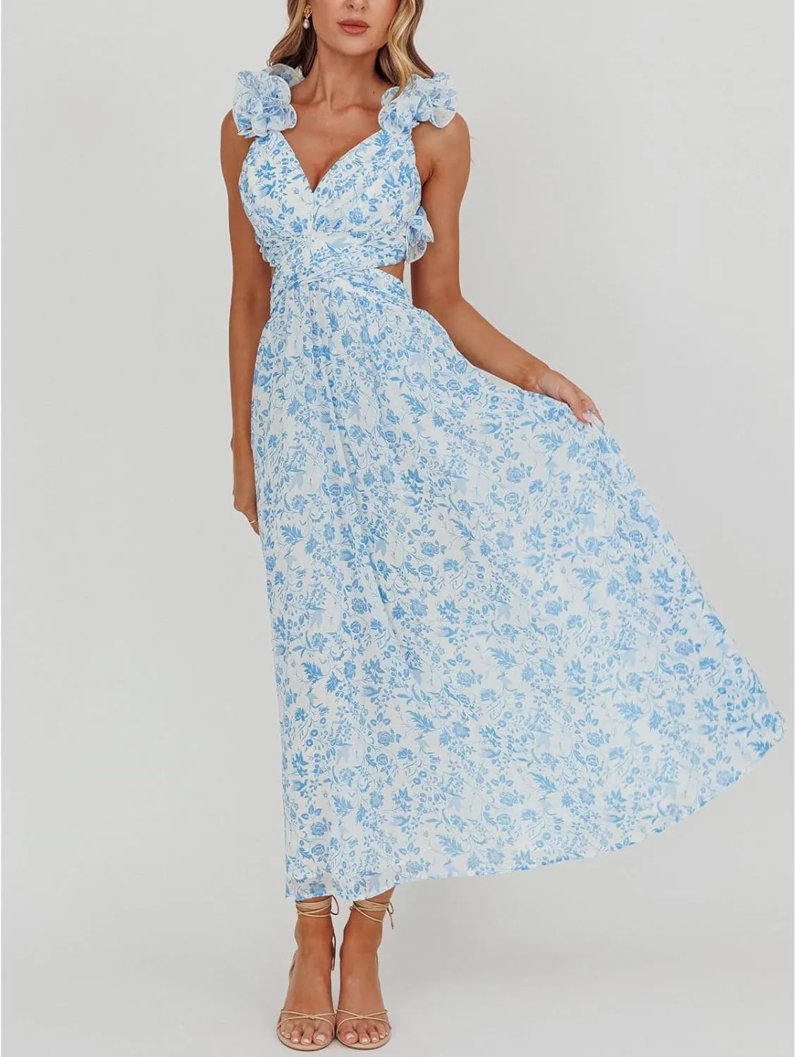 Women Y2k Lace Up Back Floral Maxi Dress Cute Ruffle Trim Backless Tie Beach Formal Long Flowy Dresses