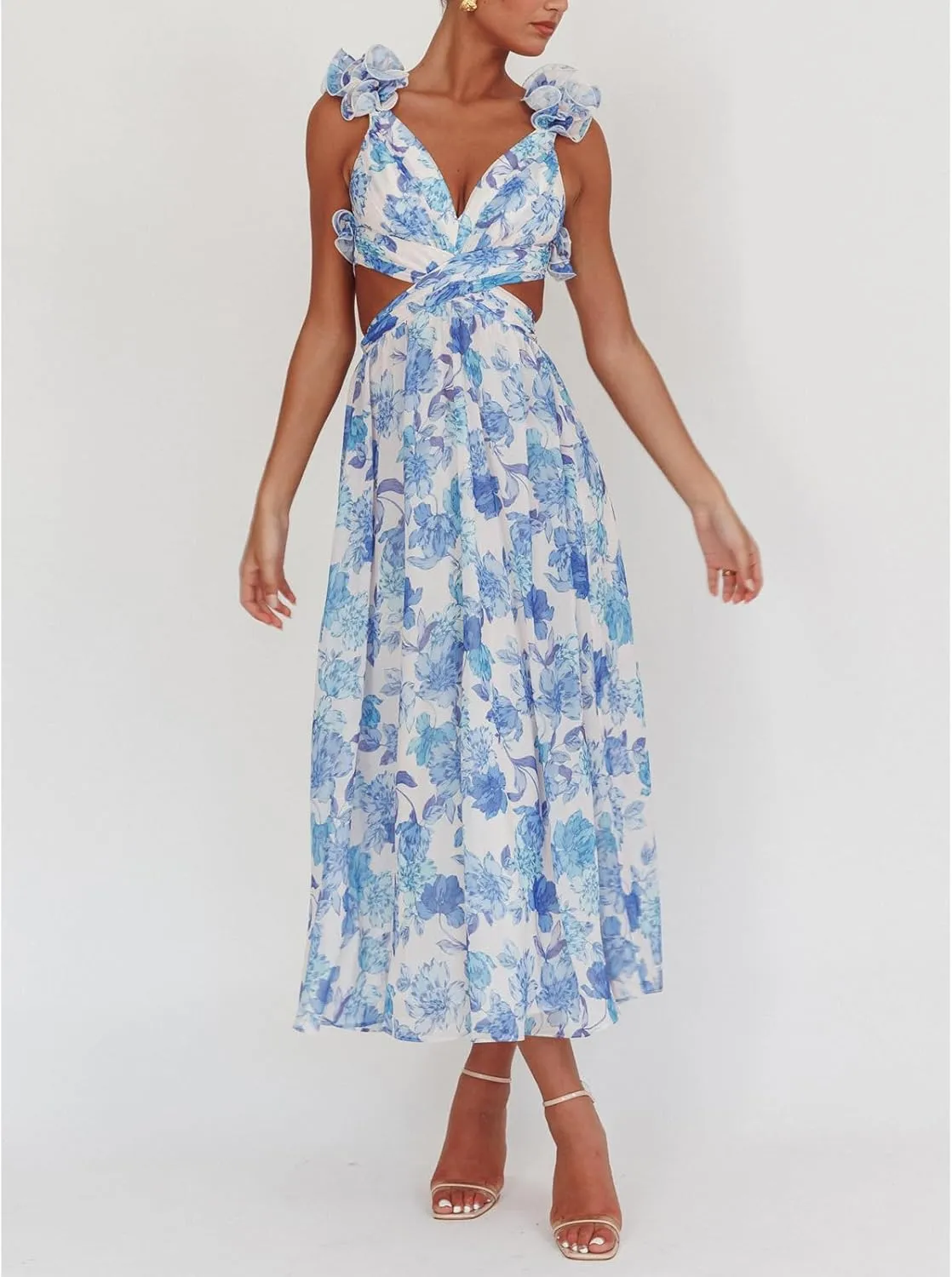 Women Y2k Lace Up Back Floral Maxi Dress Cute Ruffle Trim Backless Tie Beach Formal Long Flowy Dresses