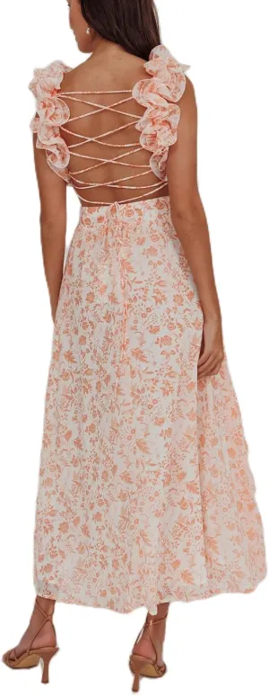 Women Y2k Lace Up Back Floral Maxi Dress Cute Ruffle Trim Backless Tie Beach Formal Long Flowy Dresses