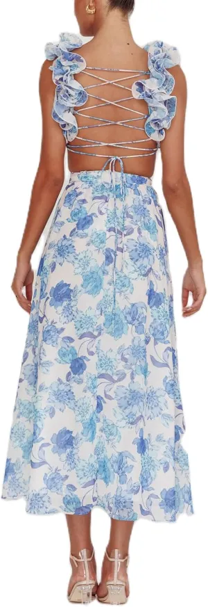 Women Y2k Lace Up Back Floral Maxi Dress Cute Ruffle Trim Backless Tie Beach Formal Long Flowy Dresses