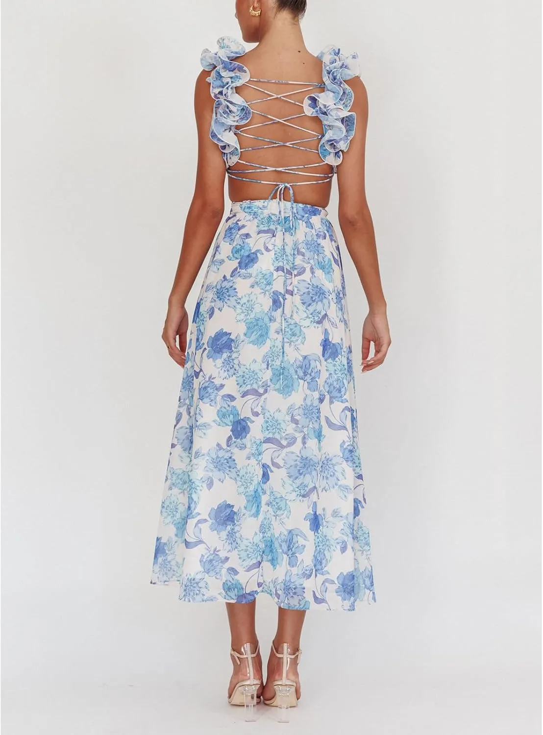 Women Y2k Lace Up Back Floral Maxi Dress Cute Ruffle Trim Backless Tie Beach Formal Long Flowy Dresses