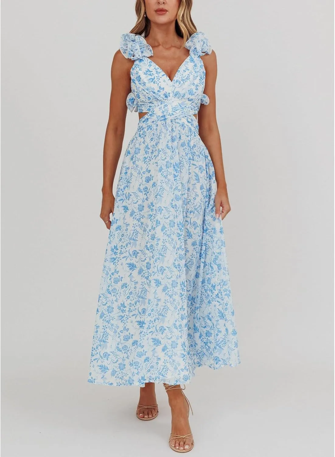 Women Y2k Lace Up Back Floral Maxi Dress Cute Ruffle Trim Backless Tie Beach Formal Long Flowy Dresses