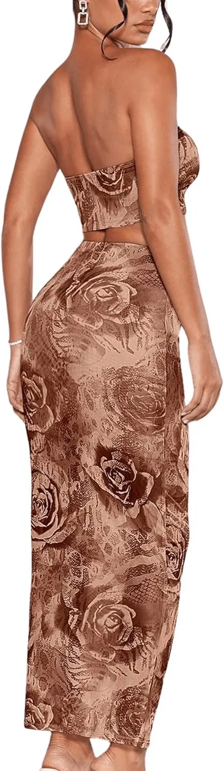 Women's 2 Piece Outfits Floral Print Mesh Strapless Tube Crop Top and High Waist Bodycon Long Maxi Skirt Set