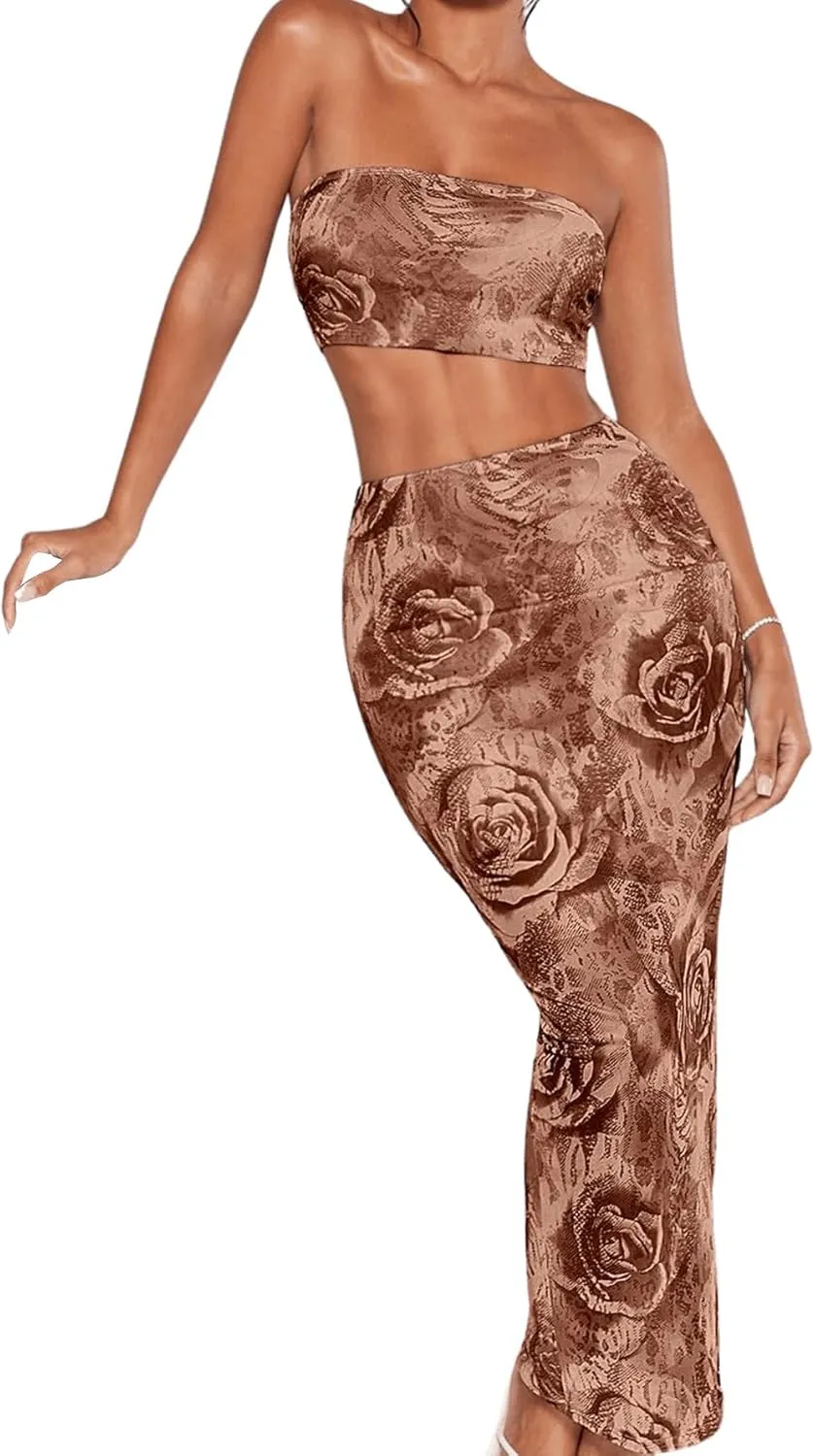 Women's 2 Piece Outfits Floral Print Mesh Strapless Tube Crop Top and High Waist Bodycon Long Maxi Skirt Set
