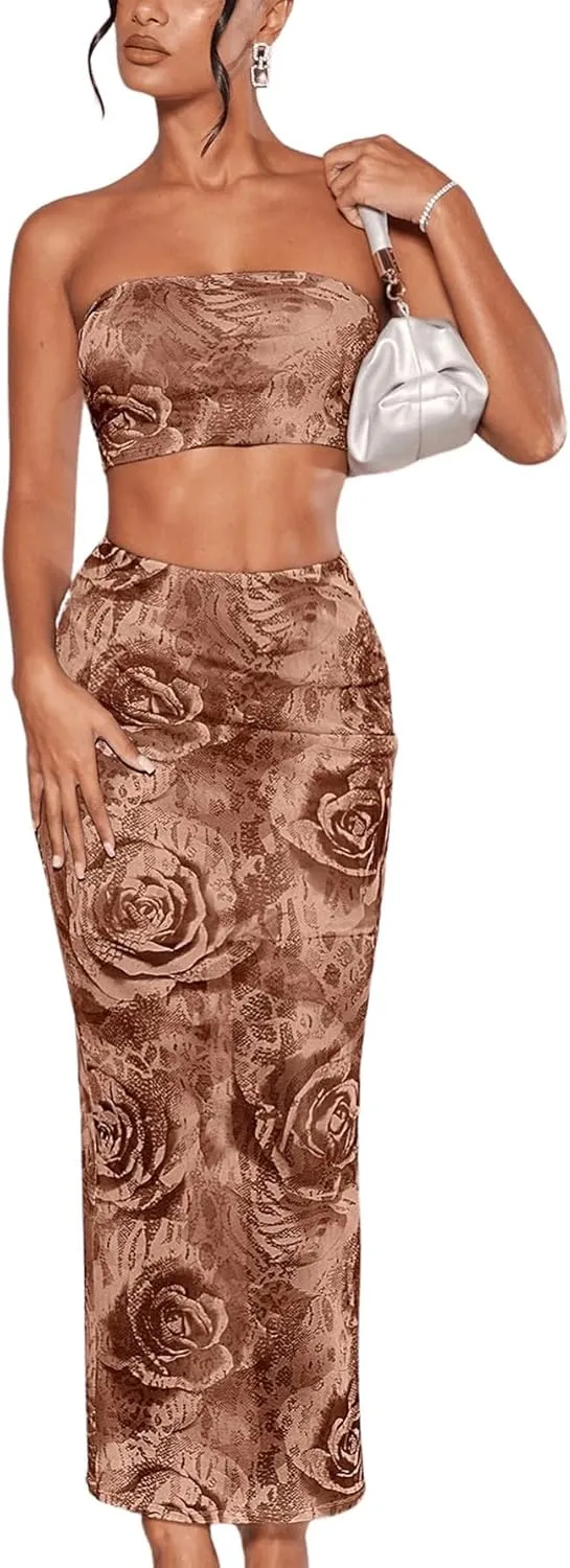 Women's 2 Piece Outfits Floral Print Mesh Strapless Tube Crop Top and High Waist Bodycon Long Maxi Skirt Set