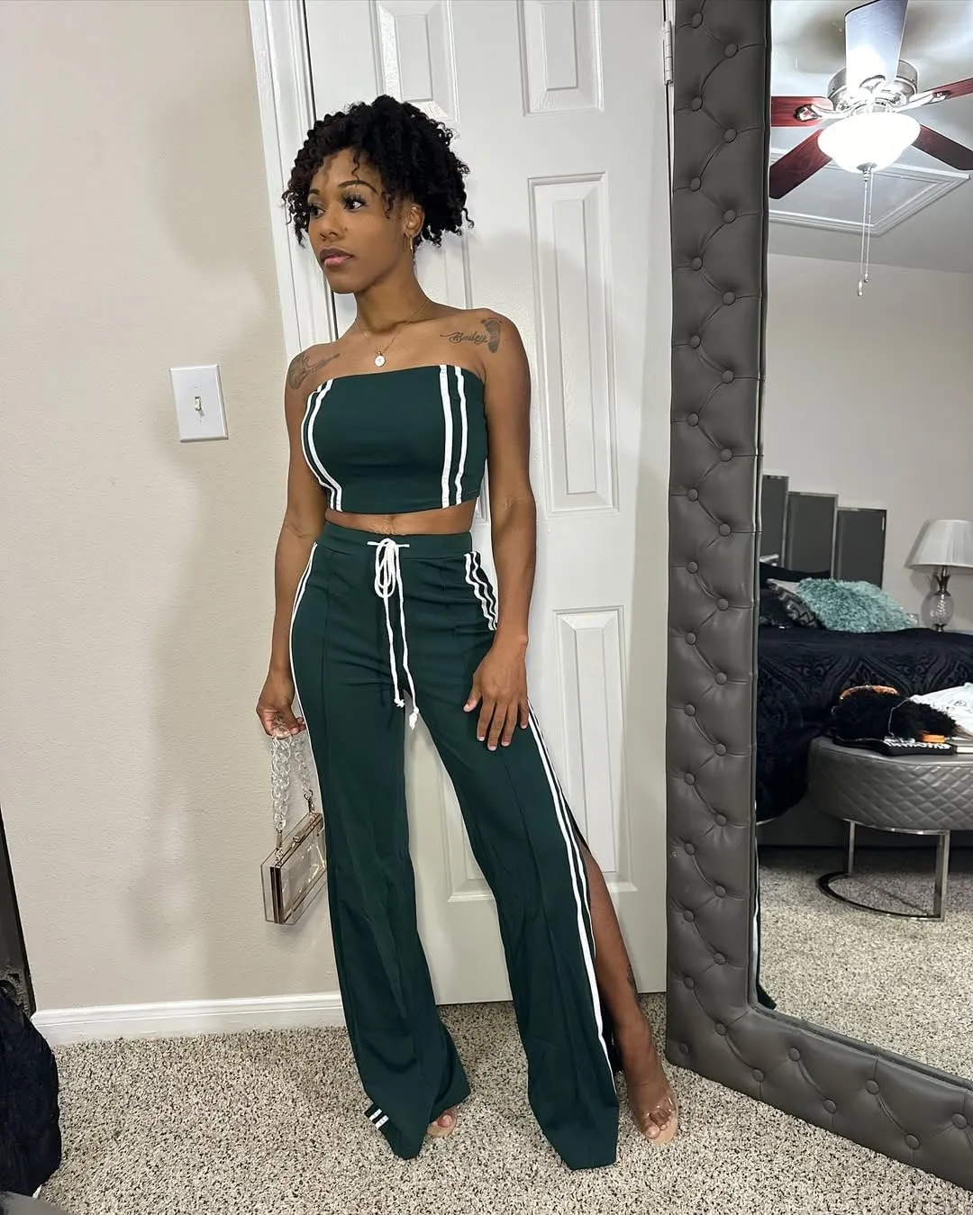 Women's 2 Piece Summer Outfits Strapless Striped Crop Top & High Waist Wide Leg Pants Set Casual Outfit