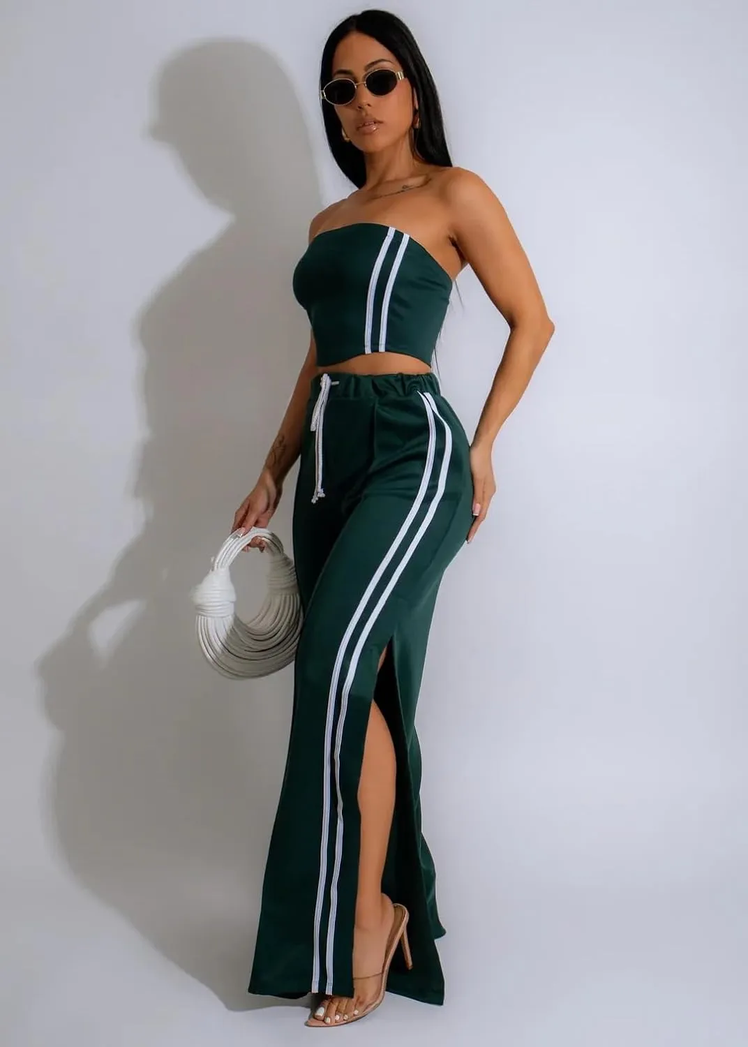 Women's 2 Piece Summer Outfits Strapless Striped Crop Top & High Waist Wide Leg Pants Set Casual Outfit