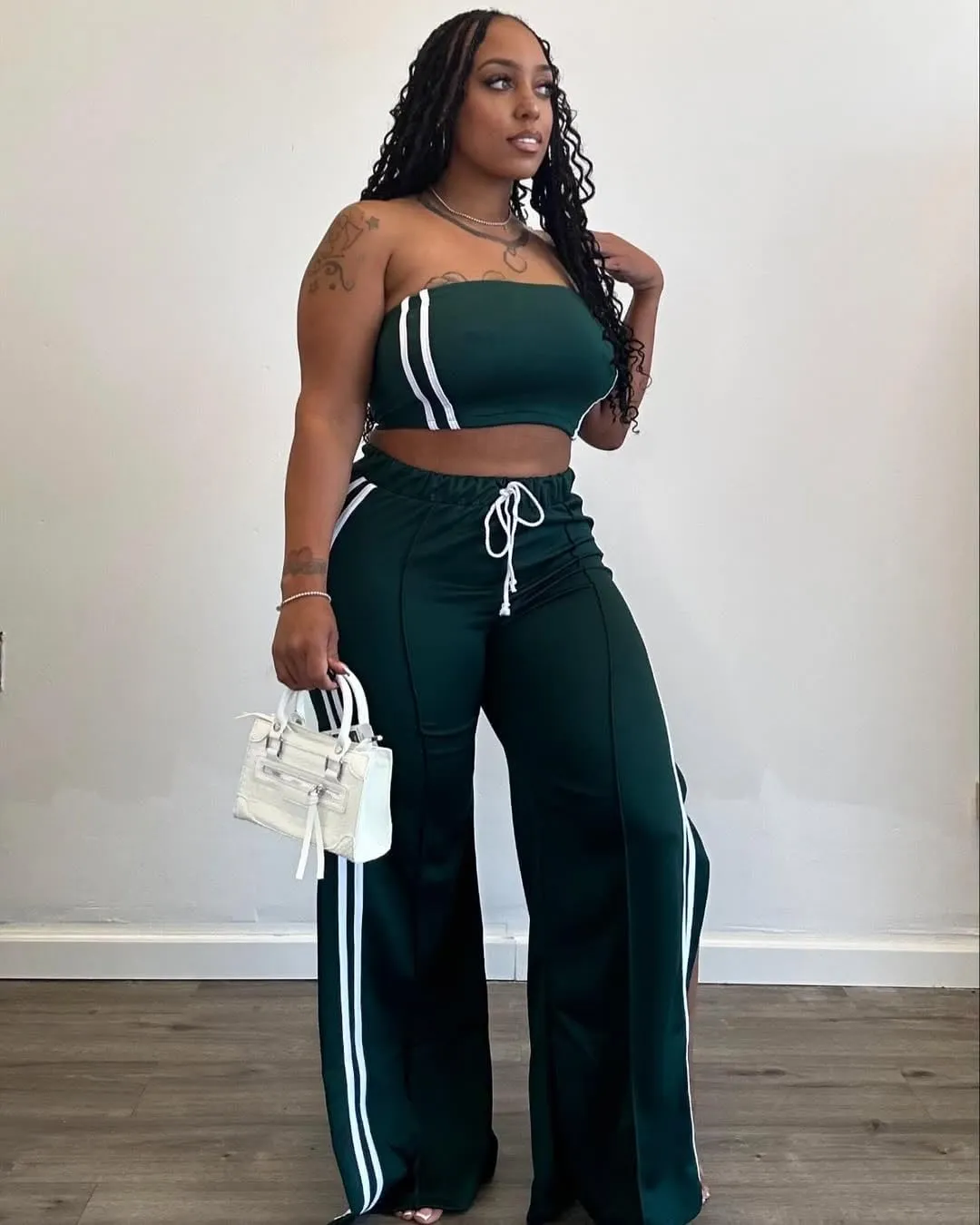 Women's 2 Piece Summer Outfits Strapless Striped Crop Top & High Waist Wide Leg Pants Set Casual Outfit