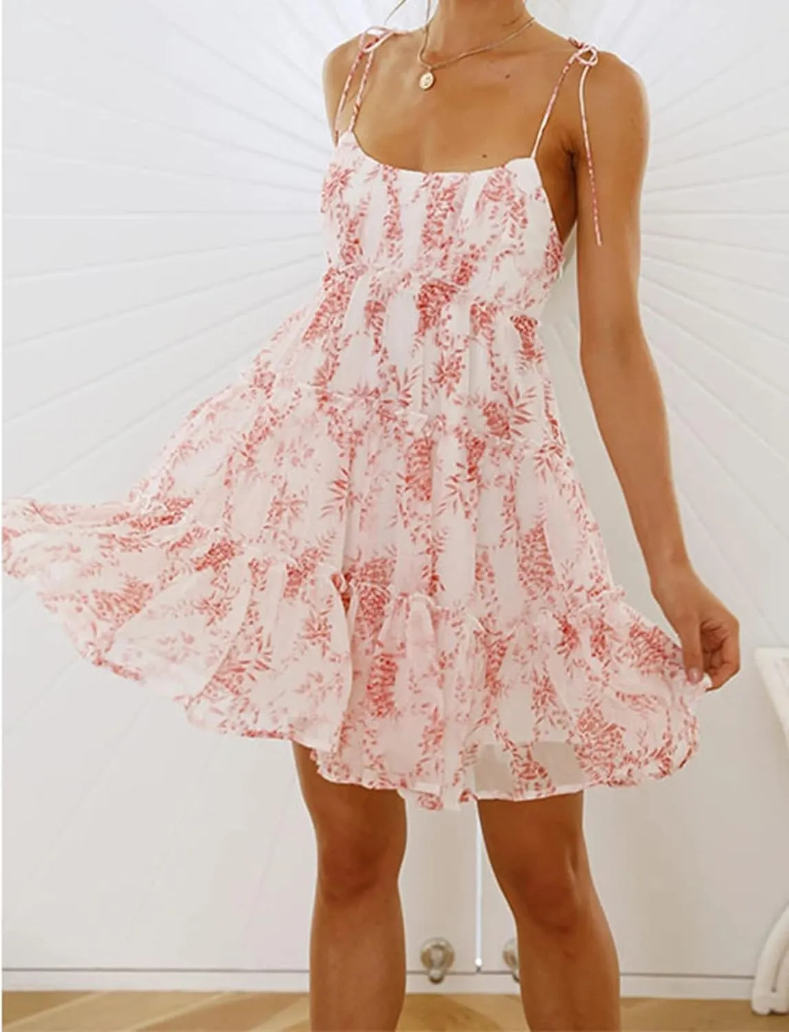 Womens 2025 Summer Floral Mini Dress Boho Flowy Skater Dresses Short Sleeveless Ruffle Spaghetti Strap Dress