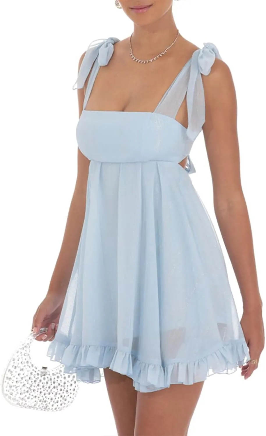 Women's Babydoll Mini Dress Tie Shoulder Backless Bow Party Summer Sundress Flowy Short Graduation Dress