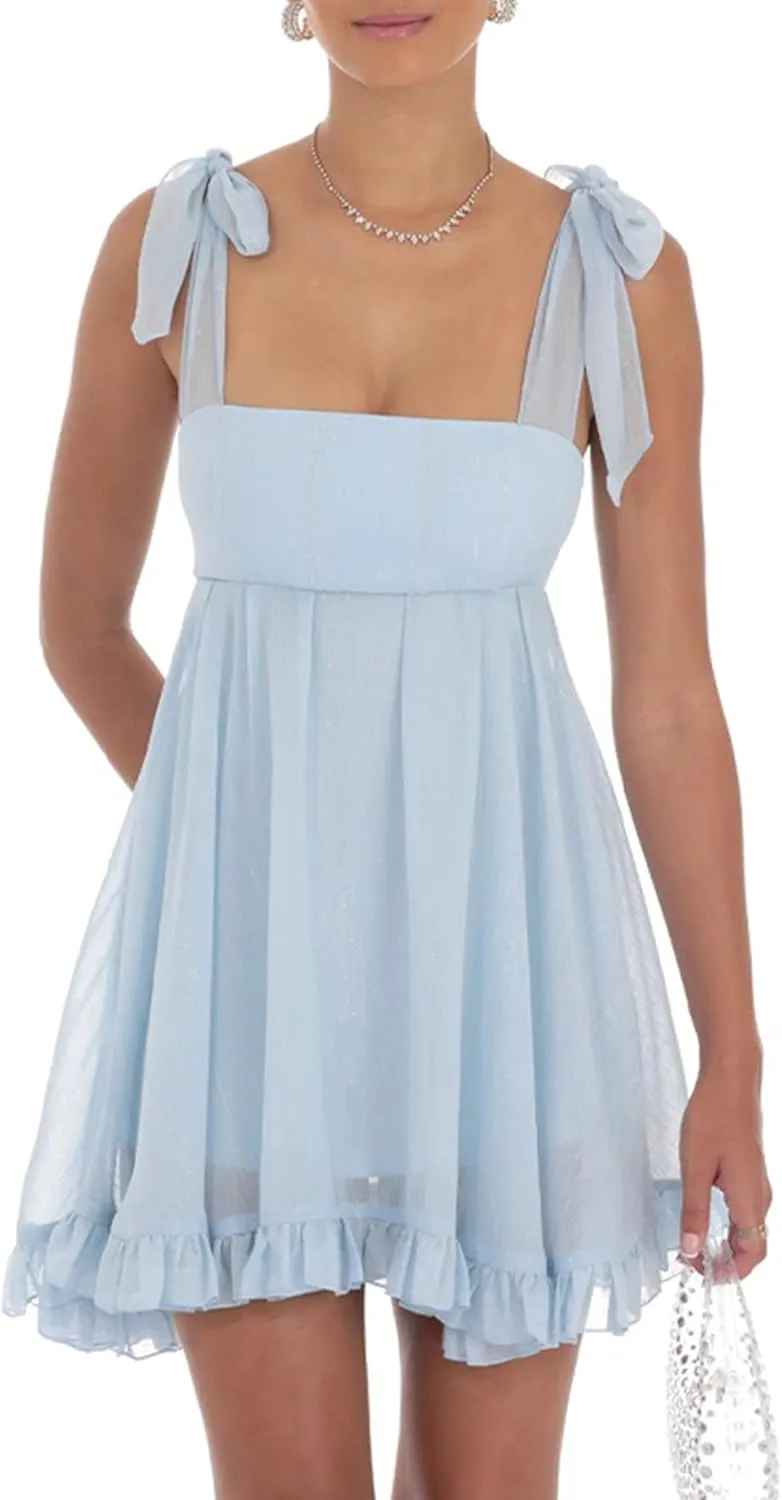 Women's Babydoll Mini Dress Tie Shoulder Backless Bow Party Summer Sundress Flowy Short Graduation Dress