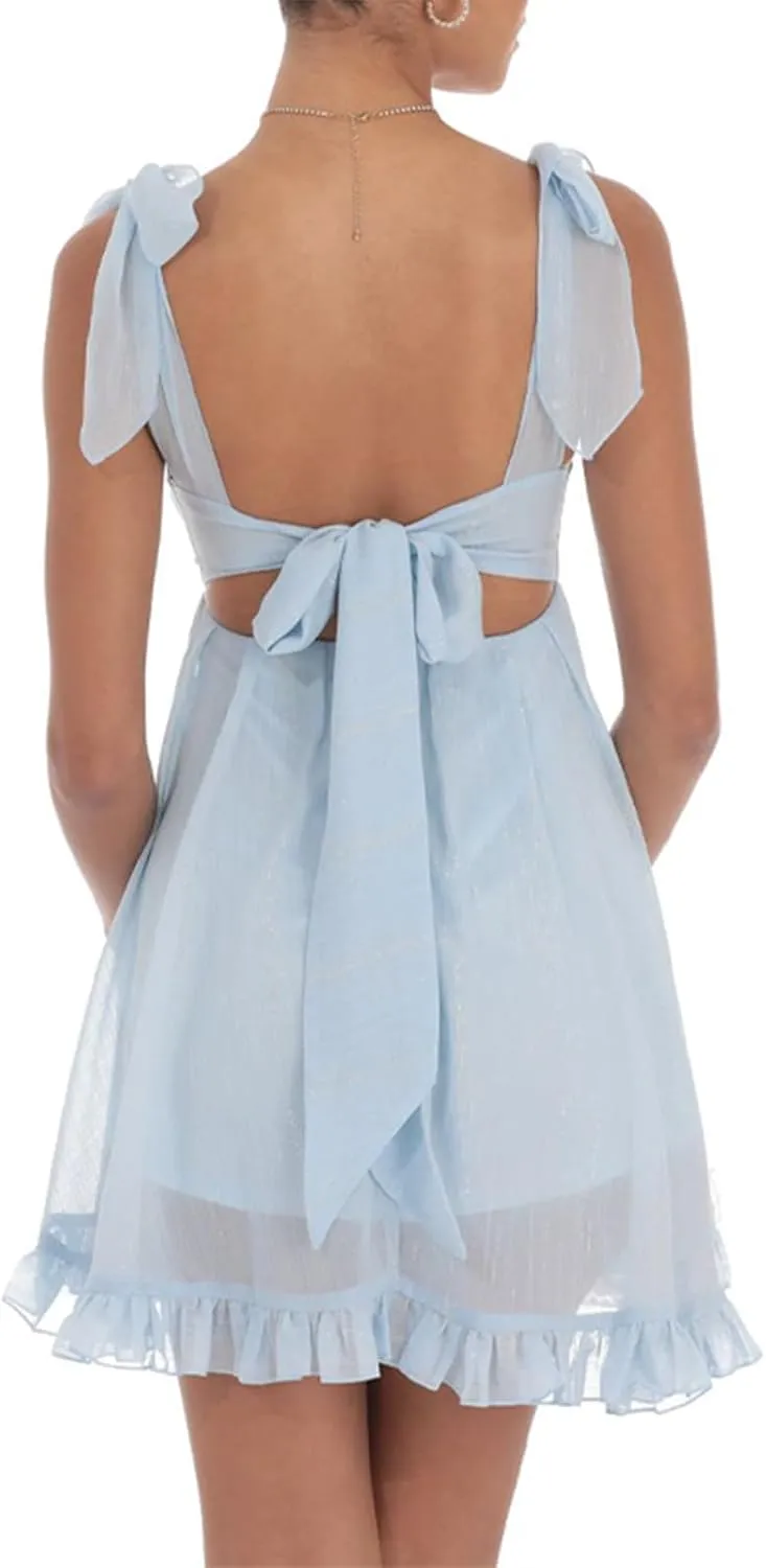 Women's Babydoll Mini Dress Tie Shoulder Backless Bow Party Summer Sundress Flowy Short Graduation Dress