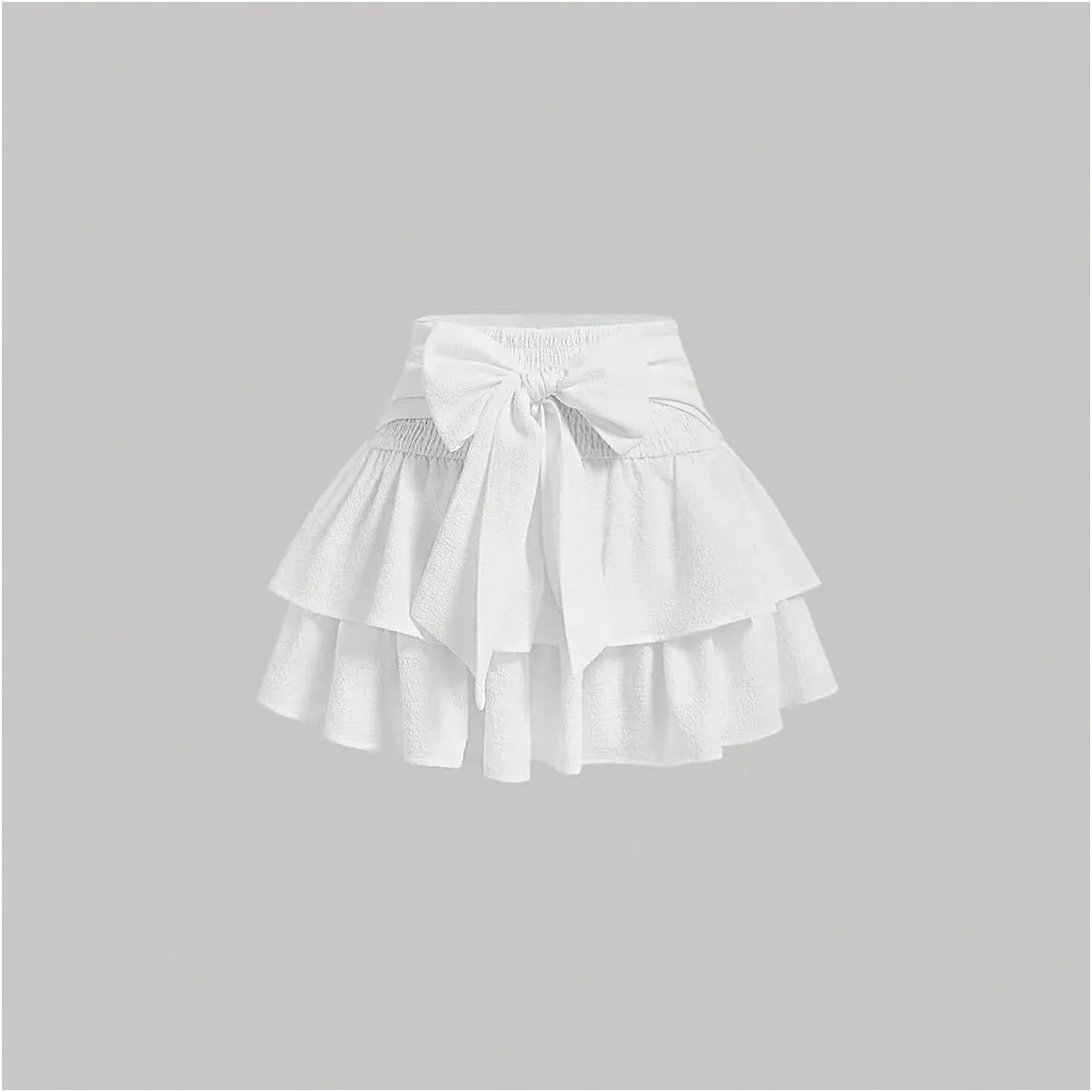 Women's Bow Front Mini Skirt High Shirred Waist Layered Ruffle Hem Short Cake Skirts
