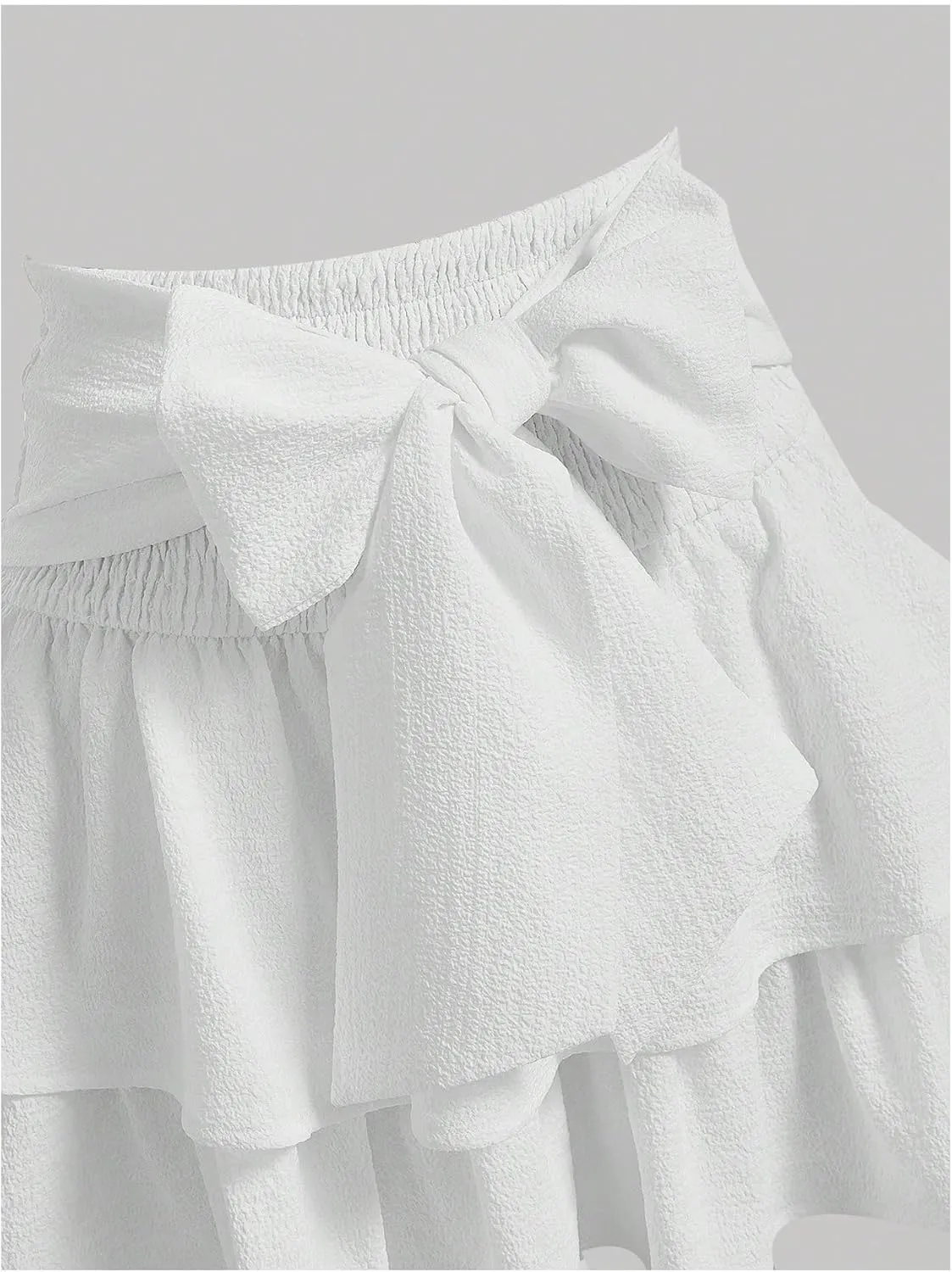 Women's Bow Front Mini Skirt High Shirred Waist Layered Ruffle Hem Short Cake Skirts