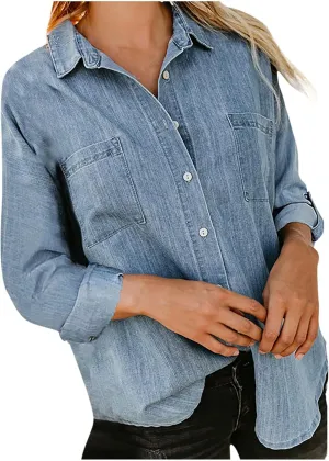 Womens Button Down Denim Shirt Casual Lapel Collar Rolled Up Long Sleeve Loose Jean Shirts with Pockets Solid Color
