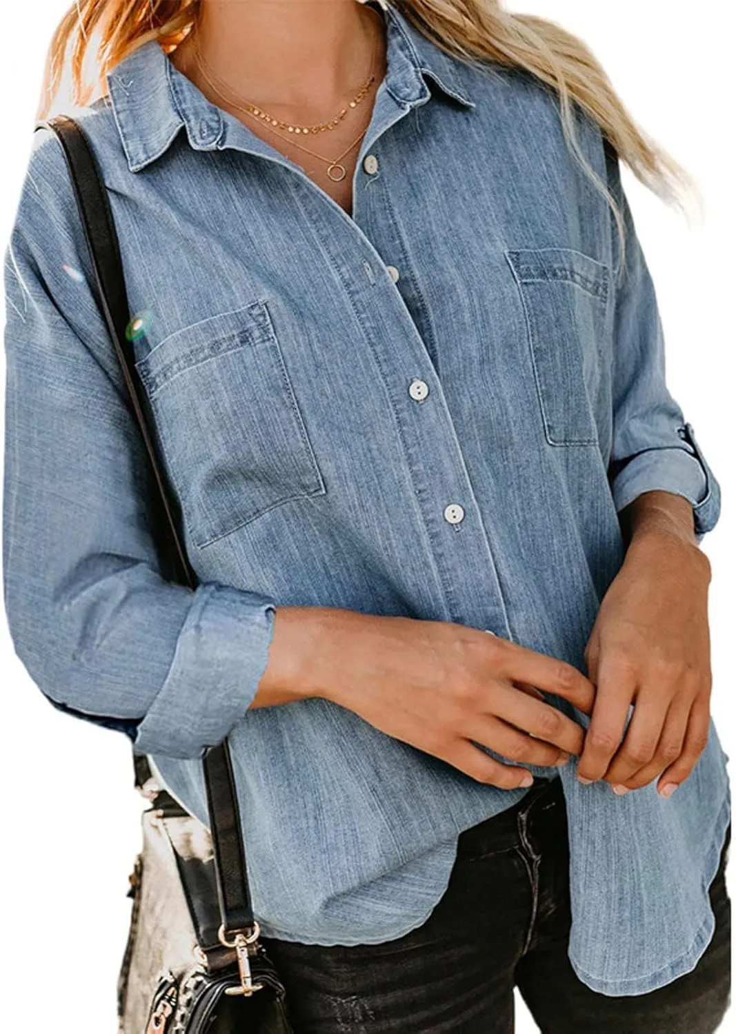 Womens Button Down Denim Shirt Casual Lapel Collar Rolled Up Long Sleeve Loose Jean Shirts with Pockets Solid Color