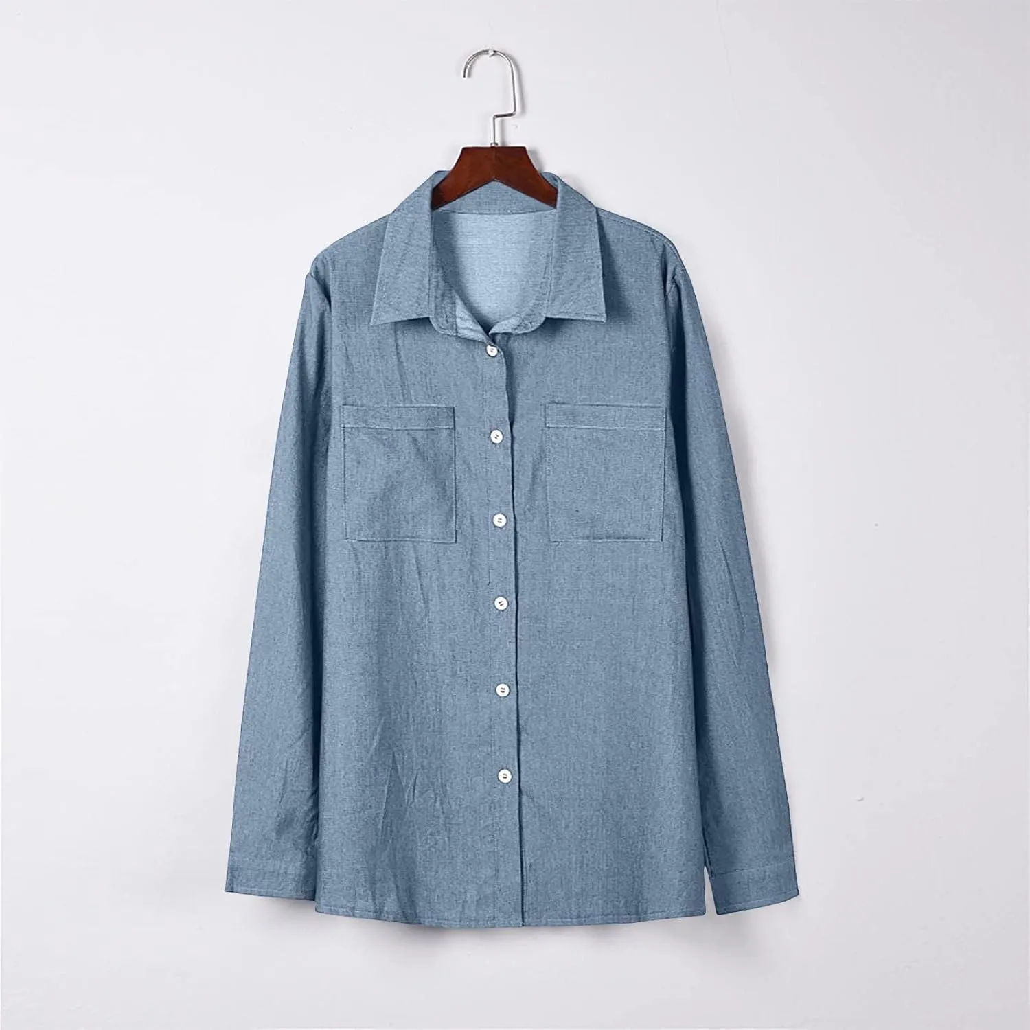 Womens Button Down Denim Shirt Casual Lapel Collar Rolled Up Long Sleeve Loose Jean Shirts with Pockets Solid Color