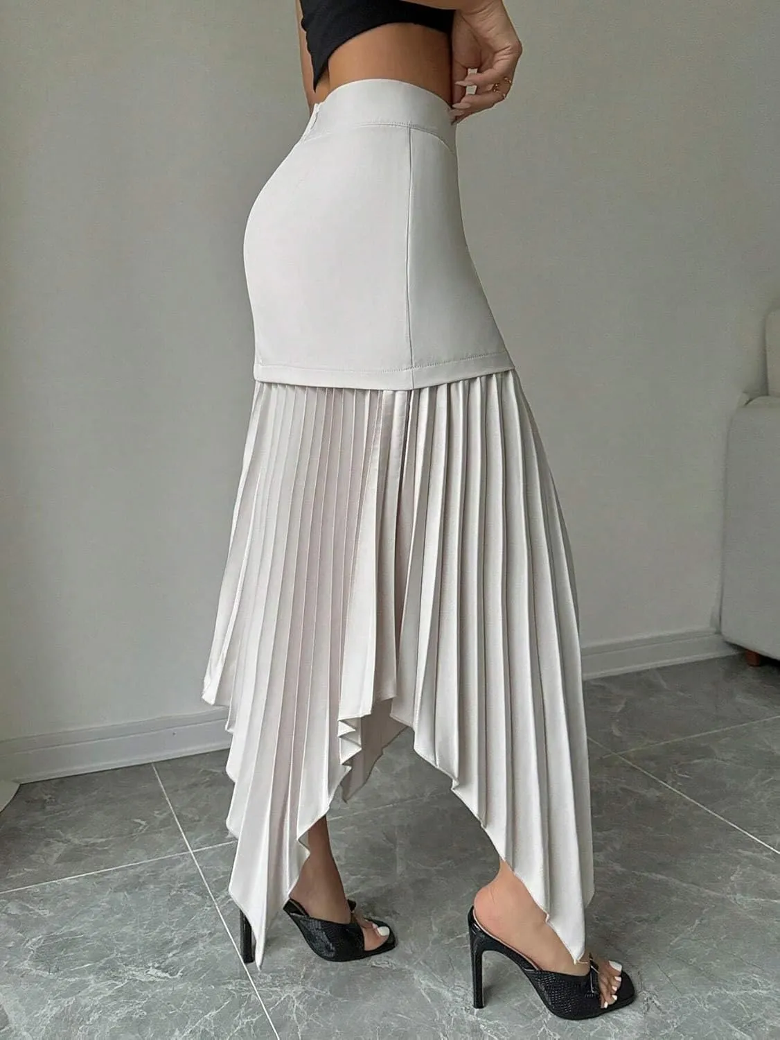 Womens Button Front Asymmetrical Pleated Hem Midi Skirt Knee Length Skirts for Women