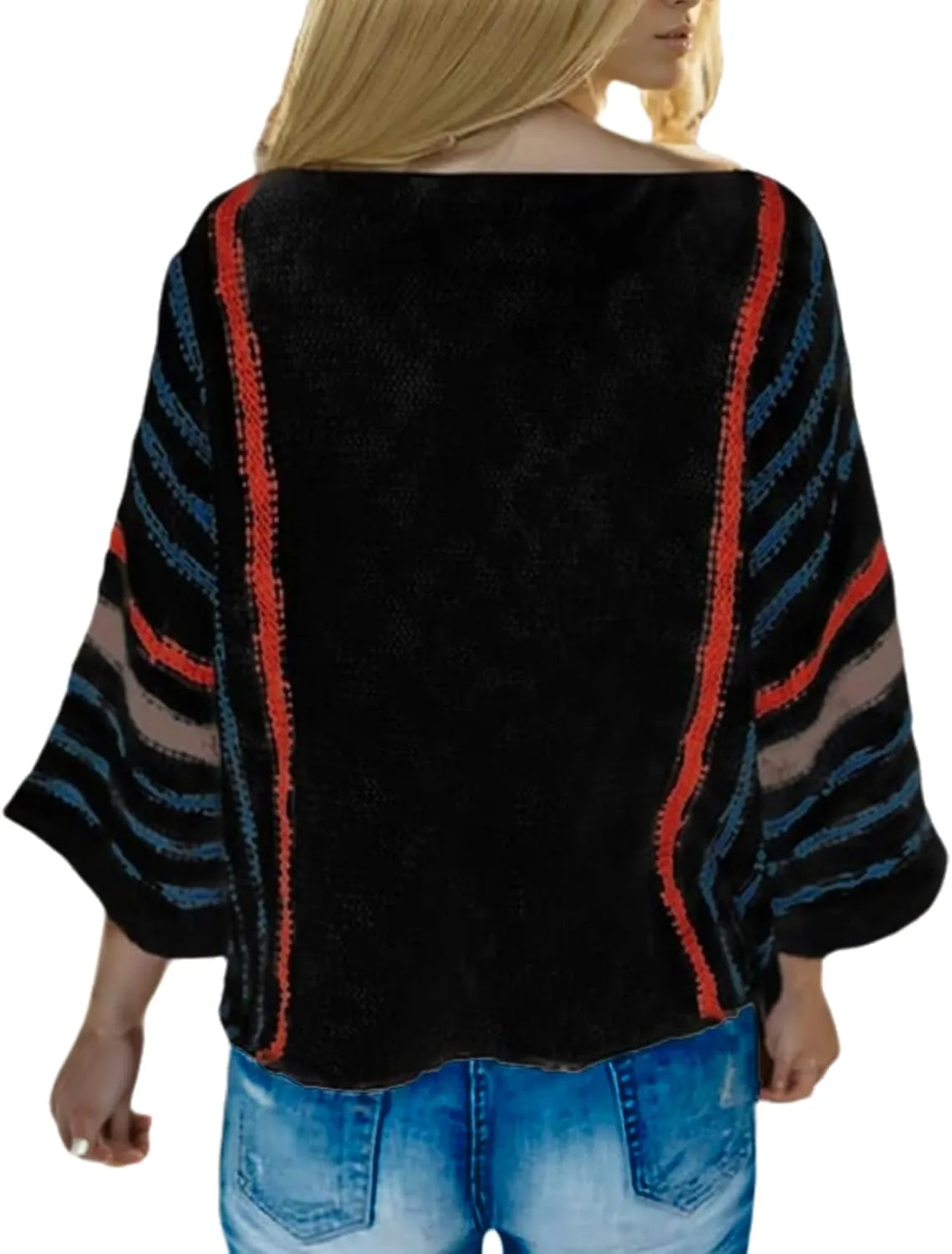 Women's Casual Color Block Striped Knit Sweater Lightweight Cable Knit Pullover Tops Spring Fall Trendy Boho Clothes