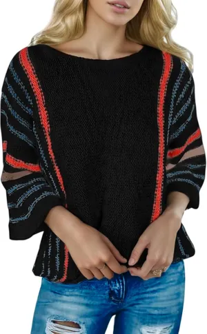 Women's Casual Color Block Striped Knit Sweater Lightweight Cable Knit Pullover Tops Spring Fall Trendy Boho Clothes