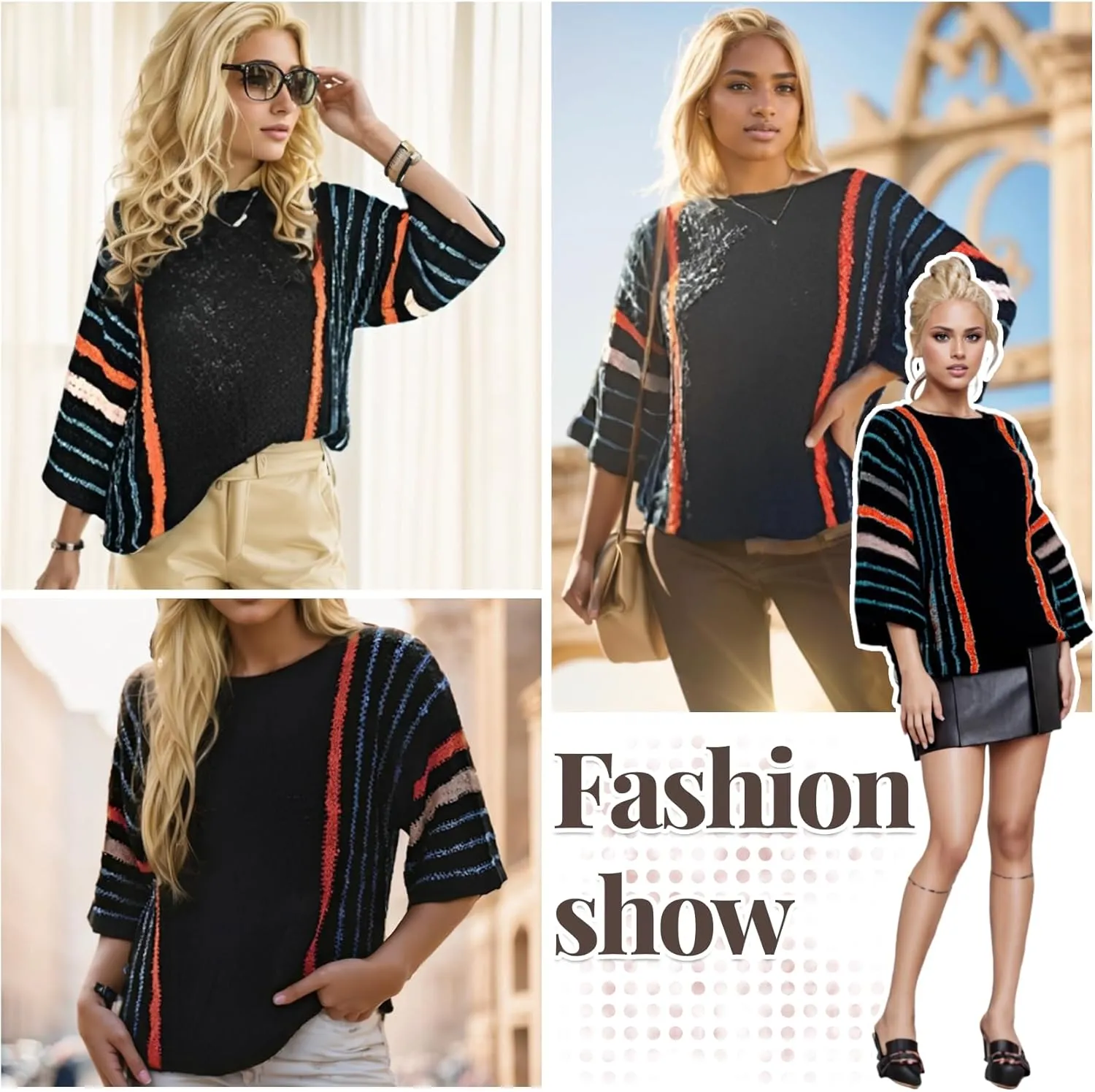 Women's Casual Color Block Striped Knit Sweater Lightweight Cable Knit Pullover Tops Spring Fall Trendy Boho Clothes