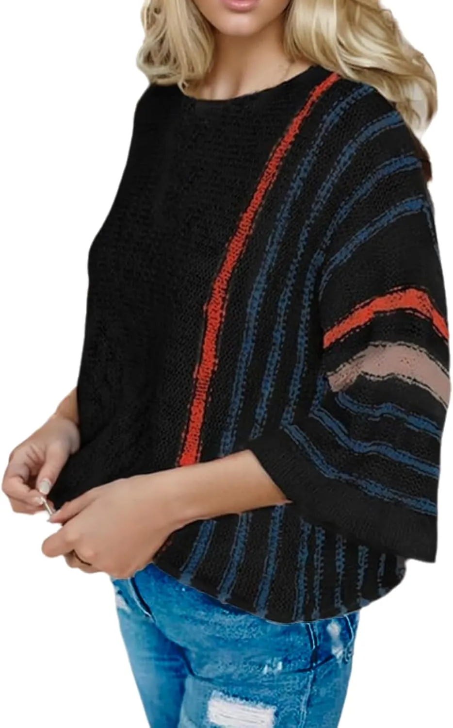 Women's Casual Color Block Striped Knit Sweater Lightweight Cable Knit Pullover Tops Spring Fall Trendy Boho Clothes