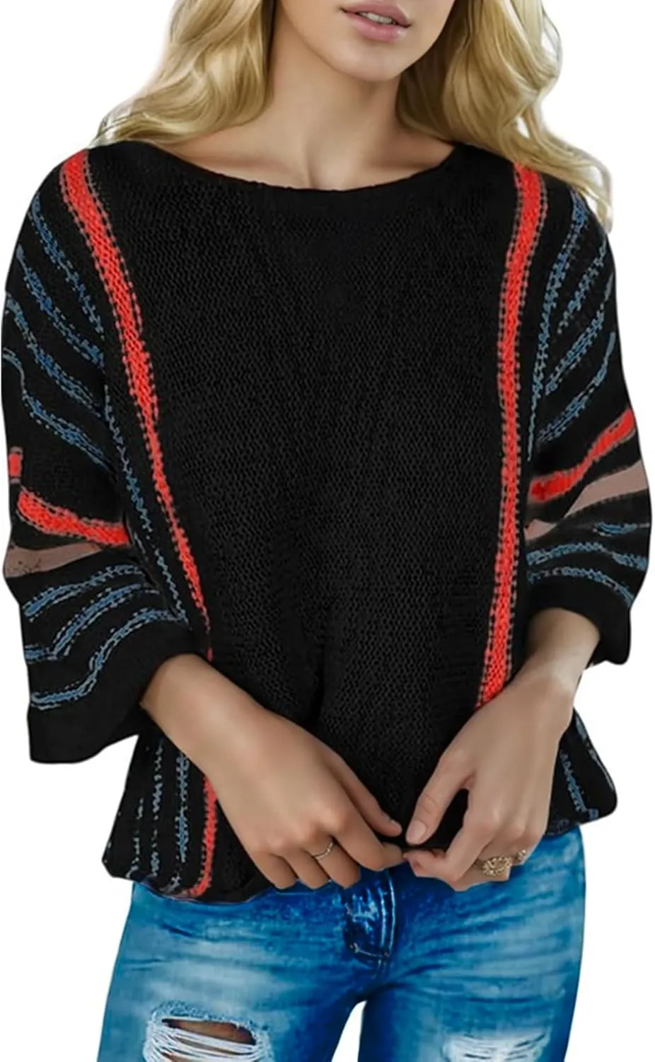 Women's Casual Color Block Striped Knit Sweater Lightweight Cable Knit Pullover Tops Spring Fall Trendy Boho Clothes