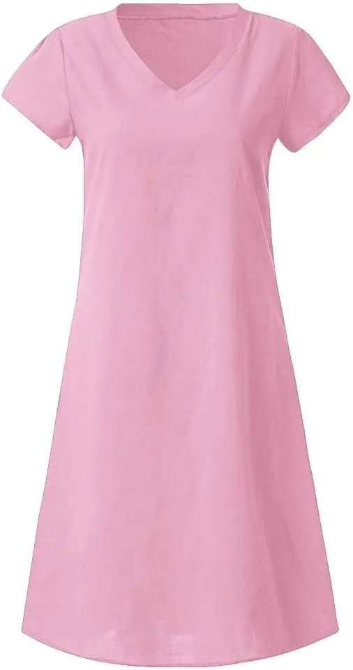 Women's Cotton Linen Dresses Summer Cup Sleeve V Neck Comfy Travel Sundresses Beach Trendy Spring Vacation Clothes 2025