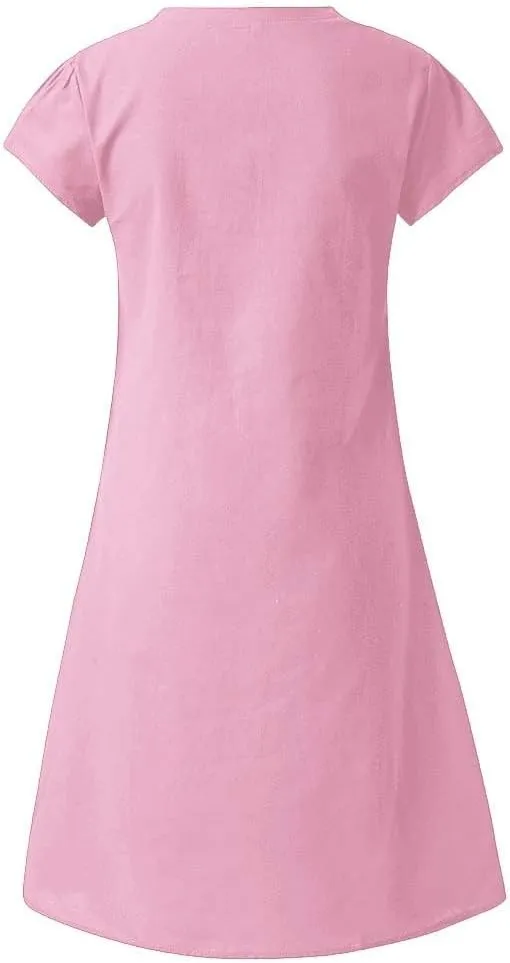 Women's Cotton Linen Dresses Summer Cup Sleeve V Neck Comfy Travel Sundresses Beach Trendy Spring Vacation Clothes 2025