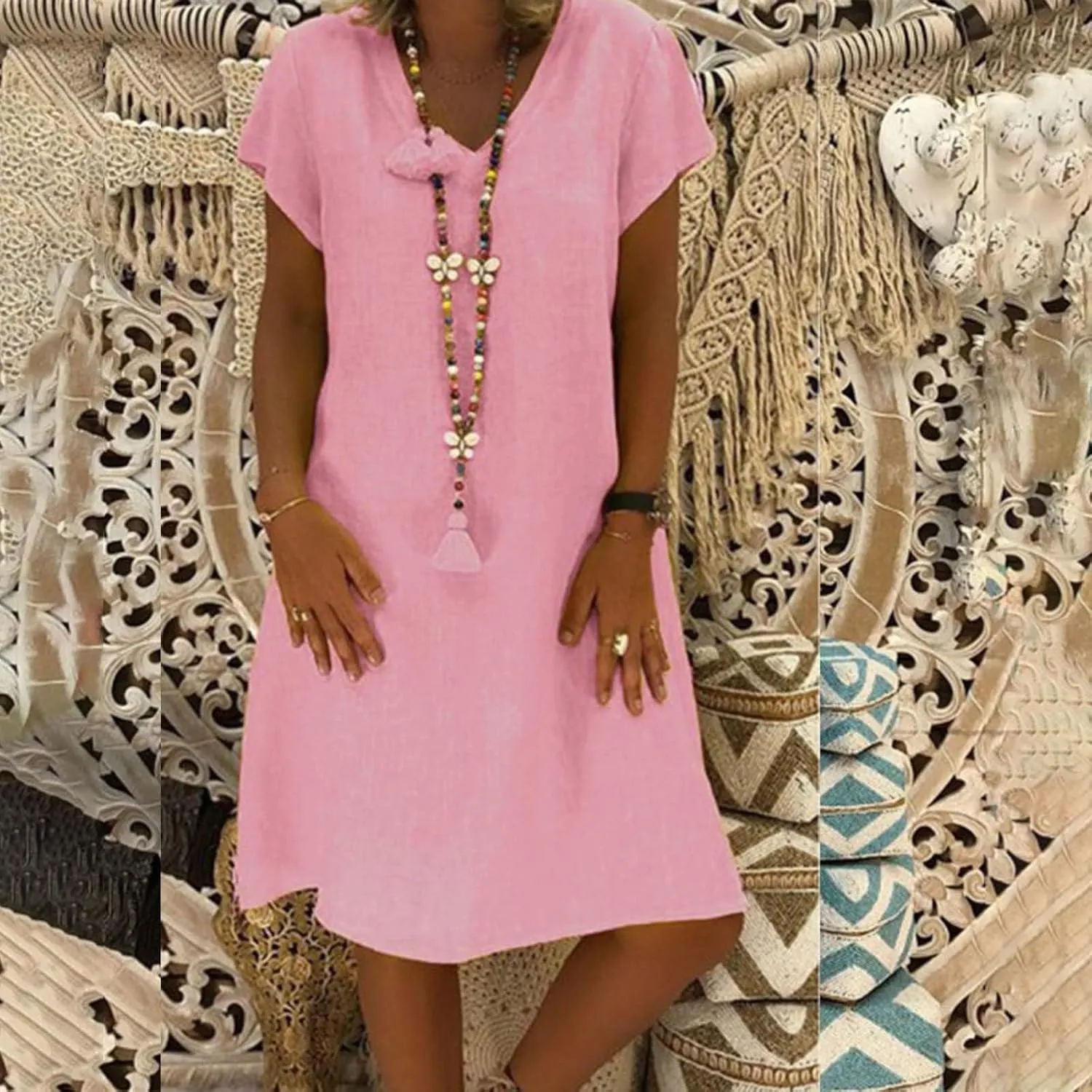 Women's Cotton Linen Dresses Summer Cup Sleeve V Neck Comfy Travel Sundresses Beach Trendy Spring Vacation Clothes 2025