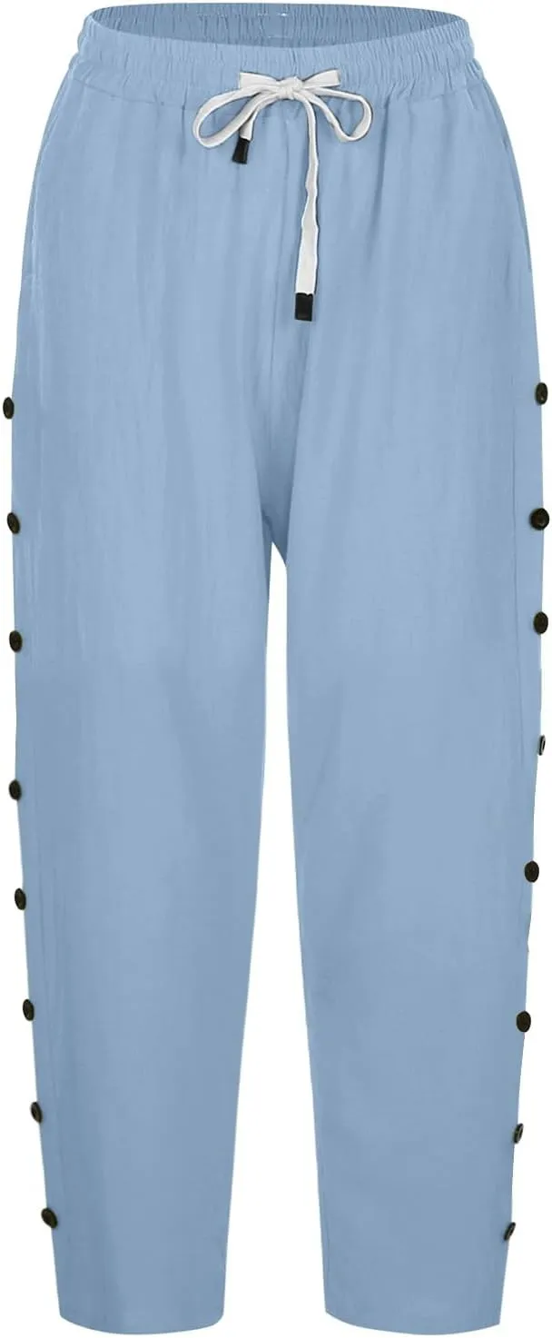 Women's Cotton Linen Pants Summer Loose Fit Drawstring Elastic Waisted Capris with Pocket Casual Beach Cropped Pants