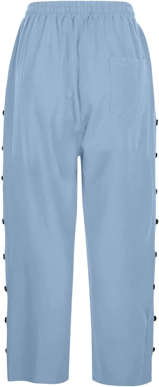 Women's Cotton Linen Pants Summer Loose Fit Drawstring Elastic Waisted Capris with Pocket Casual Beach Cropped Pants