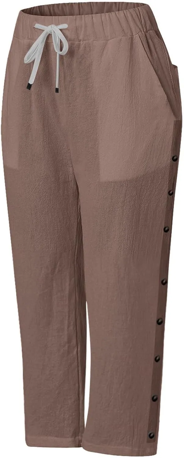 Women's Cotton Linen Pants Summer Loose Fit Drawstring Elastic Waisted Capris with Pocket Casual Beach Cropped Pants