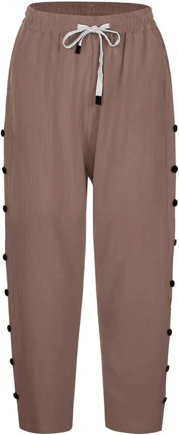 Women's Cotton Linen Pants Summer Loose Fit Drawstring Elastic Waisted Capris with Pocket Casual Beach Cropped Pants