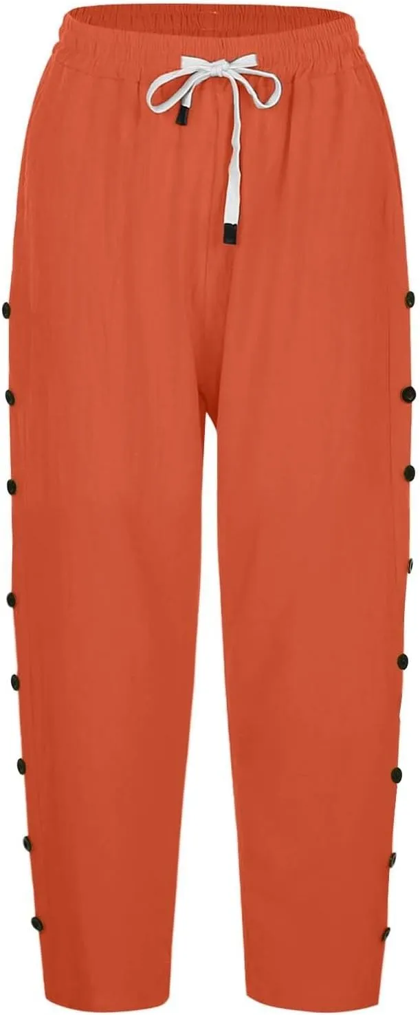 Women's Cotton Linen Pants Summer Loose Fit Drawstring Elastic Waisted Capris with Pocket Casual Beach Cropped Pants