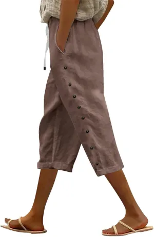 Women's Cotton Linen Pants Summer Loose Fit Drawstring Elastic Waisted Capris with Pocket Casual Beach Cropped Pants
