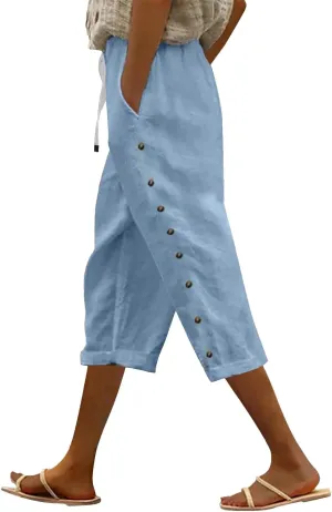 Women's Cotton Linen Pants Summer Loose Fit Drawstring Elastic Waisted Capris with Pocket Casual Beach Cropped Pants
