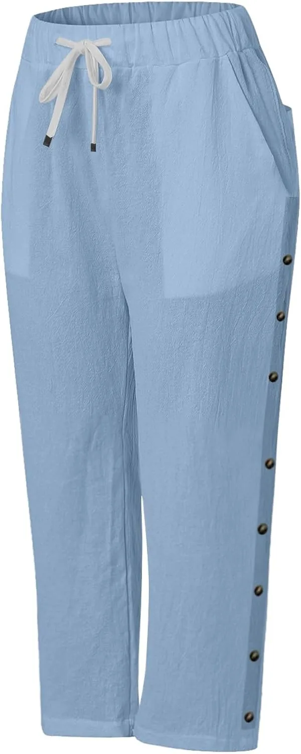 Women's Cotton Linen Pants Summer Loose Fit Drawstring Elastic Waisted Capris with Pocket Casual Beach Cropped Pants