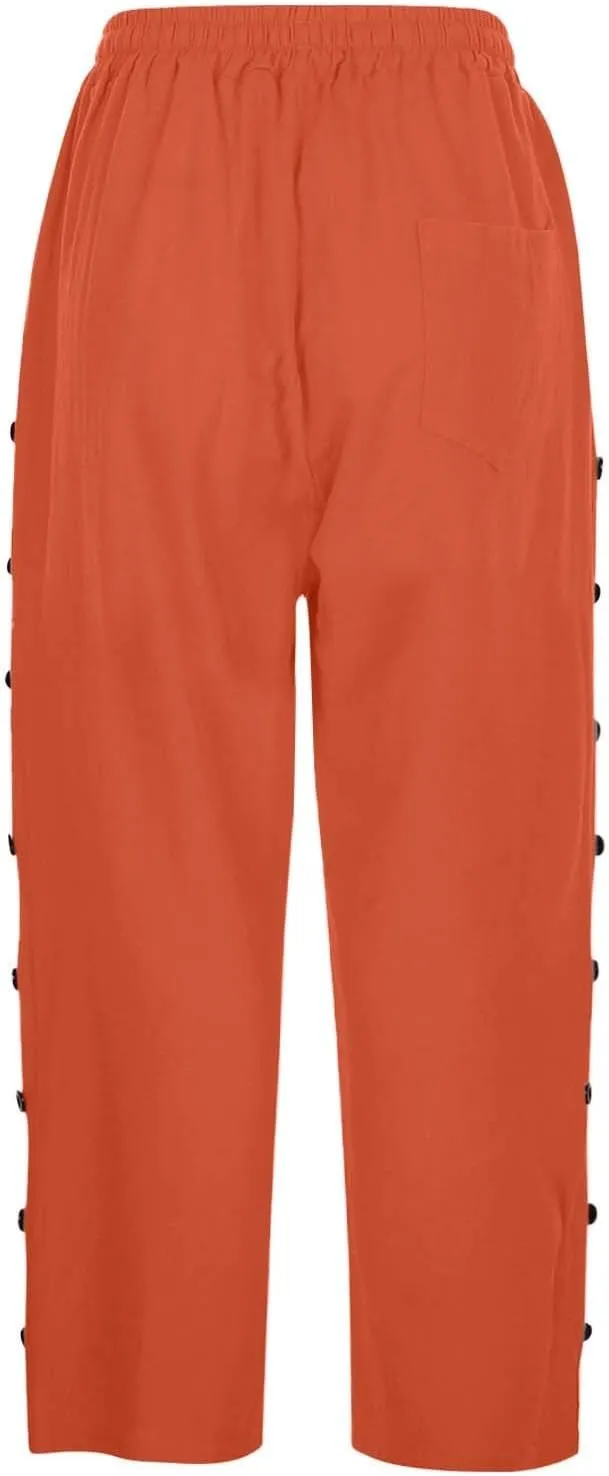 Women's Cotton Linen Pants Summer Loose Fit Drawstring Elastic Waisted Capris with Pocket Casual Beach Cropped Pants